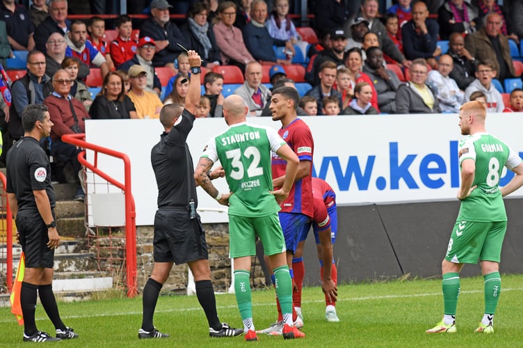 FOOTBALL ALDERSHOT TOWN FC        MRW           30/8/2021

Aldershot Town FC (maroon/blue+blue) v 
Yeovil Town FC (green/white+green/white) at The EBB Stadium

Picture:  Malcolm Wells
Professional Photographer 
