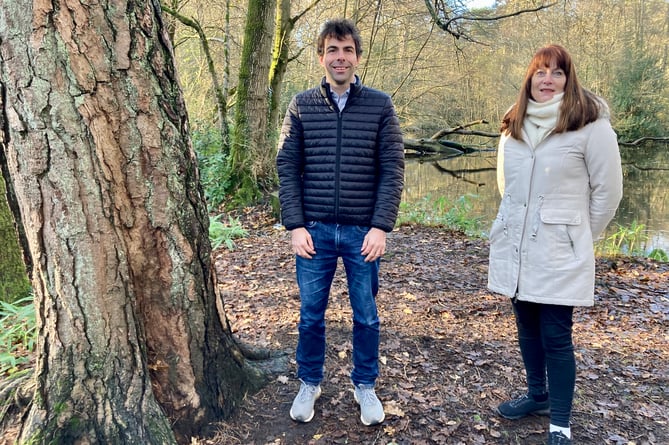 Whitehill Town Council leader Cllr Andy Tree and climate awareness sub-committee chairman Linda Delve in the Deadwater Valley Nature Reserve, February 6, 2022.