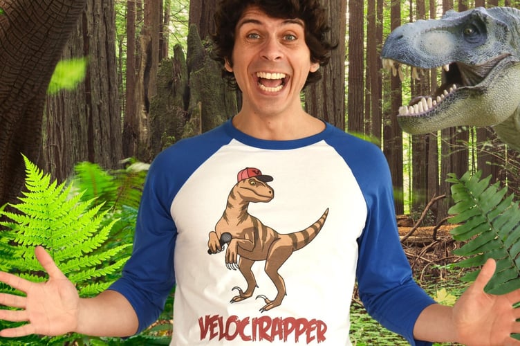 Children’s TV presenter Andy Day advertising dinosaur event in Bordon on April 22, 2022.