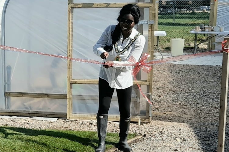 Whitehill Town Mayor Cllr Bisi Kennard opens Whitehill Town Council’s new polytunnel on April 30th 2022