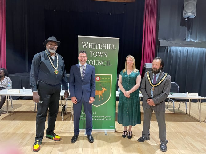 Mayor making at Whitehill Town Council’s annual council meeting, May 12th 2022.  From left: Town mayor Cllr Leeroy Scott, council leader Cllr Andy Tree, deputy council leader Cllr Catherine Clark and deputy town mayor Cllr Roger Russell. 