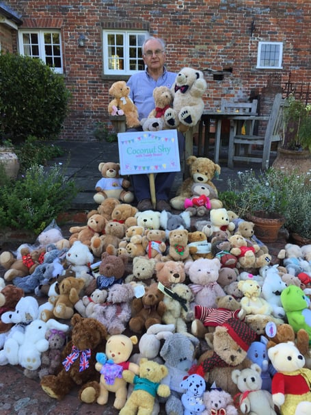 Ian Champness with the teddy bears to be won in a teddy bear coconut shy at Shalden village fete on June 19th 2022.