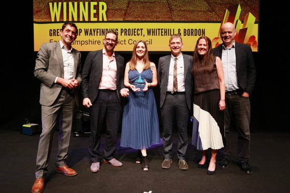 Photo caption: Left to right - Justin Rowlatt, BBC Climate Editor and awards host, James Gross, Founder and Director of Urban Place Lab, Harriet Coombs, Regeneration Project Officer, EHDC, David Wilson, Head of Implementation in the Economy, Transport and Environment Department, HCC, Pennie Brown, Regeneration Manager (Sustainability), EHDC, and James Child, Project Director, Whitehill & Bordon Regeneration Company.