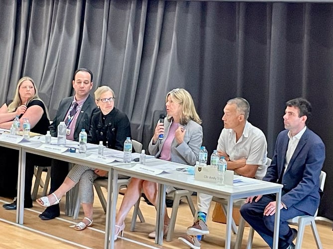 NHS question and answer session at Whitehill Town Council executive committee meeting at Oakmoor School on June 21st 2022. From left: Lisa Medway, Dr Zaid Hirmiz, Heather Mitchell, Sara Tiller, Dr Anthony Leung and Cllr Andy Tree.