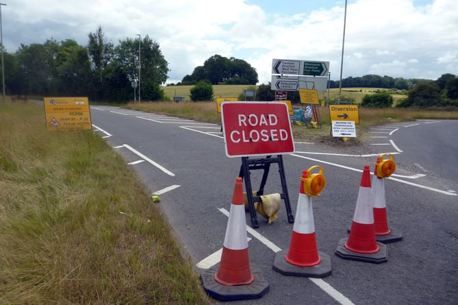 Road closure signs at the A32 exit from the A31, June 2022.