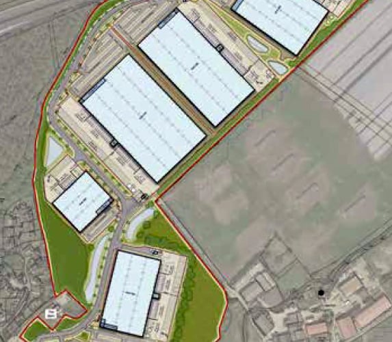 Aerial view of proposed warehouses development in North Warnborough, July 2022.