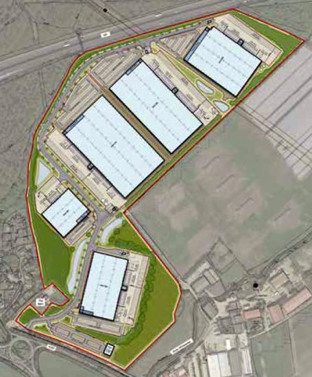 Aerial view of proposed warehouses development in North Warnborough, July 2022.