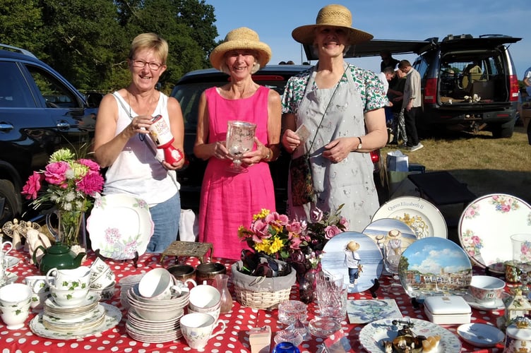 From left: Home-Start volunteers Liz, Jean and Alison at Home-Start’s 35th annual car boot sale, Bramble Farm, Bramdean, August 14th 2022.