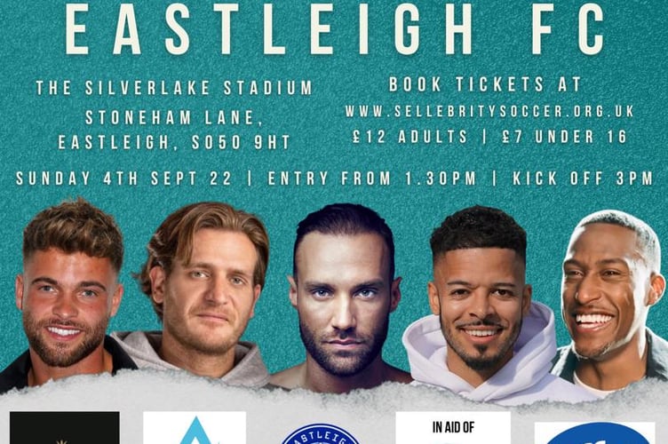 Publicity poster for celebrity football match in aid of Treloar’s at Eastleigh FC on September 4th 2022.