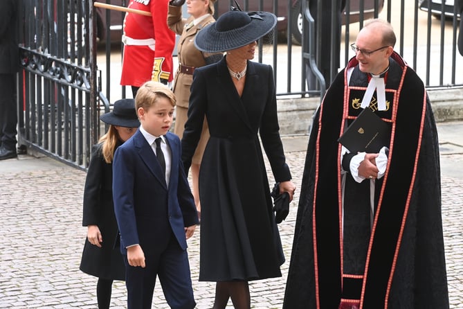 The Princess of Wales with Princess Charlotte and Prince George arrives for the State Funeral of Queen Elizabeth II, held at Westminster Abbey, London. Picture date: Monday September 19, 2022.