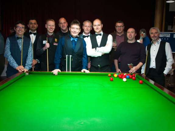 The Whirlwind Jimmy White took on players from the Farnham and District Billiards and Snooker League at their presentation evening. Pictured are Paul Ferguson, Shakeel Ahmad Shahneel, Ryan Mears, Stuart Miles, Jimmy White, Mark Blissett, Carl Saunders, Aaron Downey, Allan Gomez and Tony Edwards