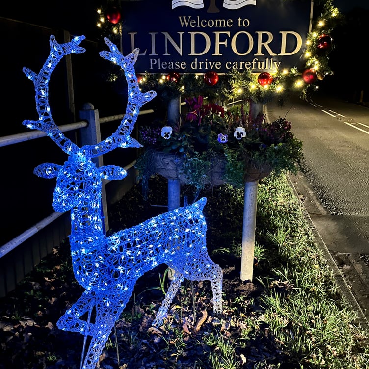 Illuminated stag in Lindford, December 2022.