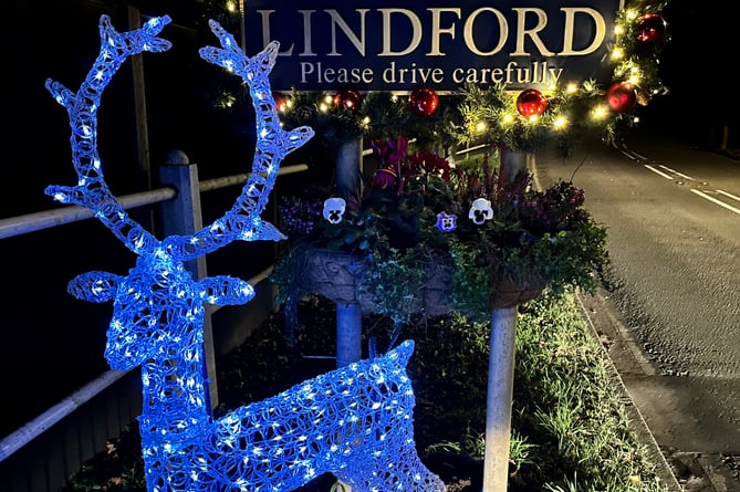 Illuminated stag in Lindford, December 2022.