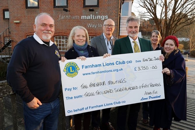 Pictured are Carl Taylor, Farnham Lions Golf chairman; Emma Haigh, Maltings interim CEO; trustee Mike Maher; Bill Baxter, captain of Hindhead Golf Club; Lynsey Luthra, Maltings executive director and Farnham Lion, Sally Ross