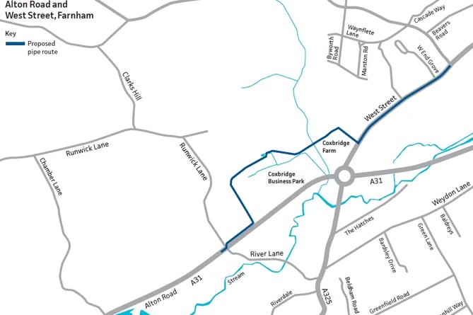 The route of South East Water's new £1.3 million Farnham pipeline