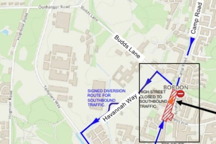 Map of diversion route for Arrival Square work in Bordon, January 2023.