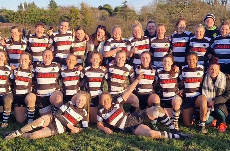 Some of the Farnham Rugby Club Falcons 1st XV players line up after their convincing 58-0 win over Oxford Harlequins RFC Women