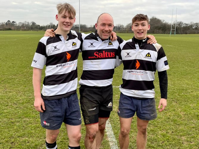 Farnham Vets’ stalwart Nick Purnell with sons James (left) and Tom. Nick scored one try and James two in the victory over London Irish Vets