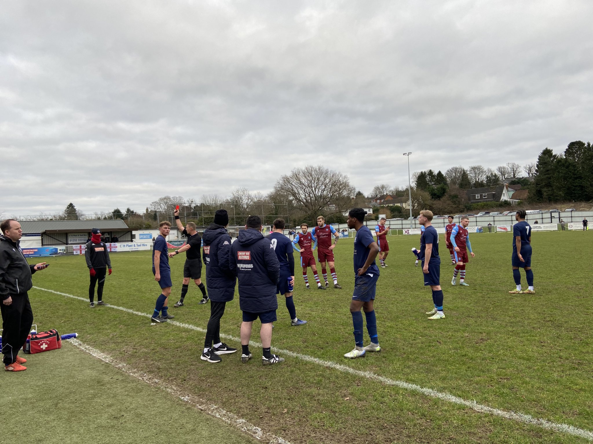Horley Town’s Liam Steer is shown a straight red card during his side’s 3-0 defeat at Badshot Lea