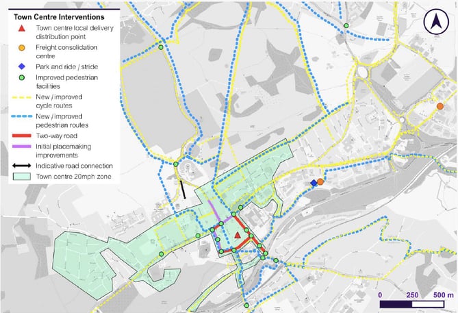 This map shows Surrey County Council’s proposed ‘town centre interventions’ in Farnham, including new or improved cycle routes marked in yellow