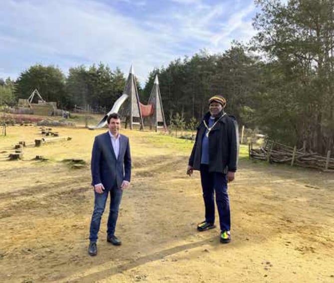 Whitehill Town Council leader Cllr Andy Tree and Whitehill town mayor Cllr Leeroy Scott in Hogmoor Inclosure, February 2023.