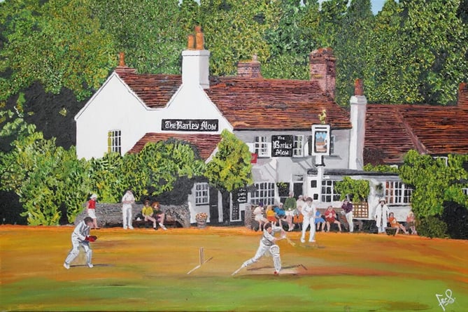 An oil painting of The Barley Mow pub overlooking one of the most picturesque village cricket grounds in the country in Tilford is to feature in a new exhibition in London