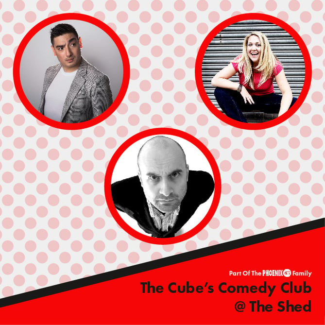Poster for The Cube Comedy Club at The Shed in Bordon, March 2023.