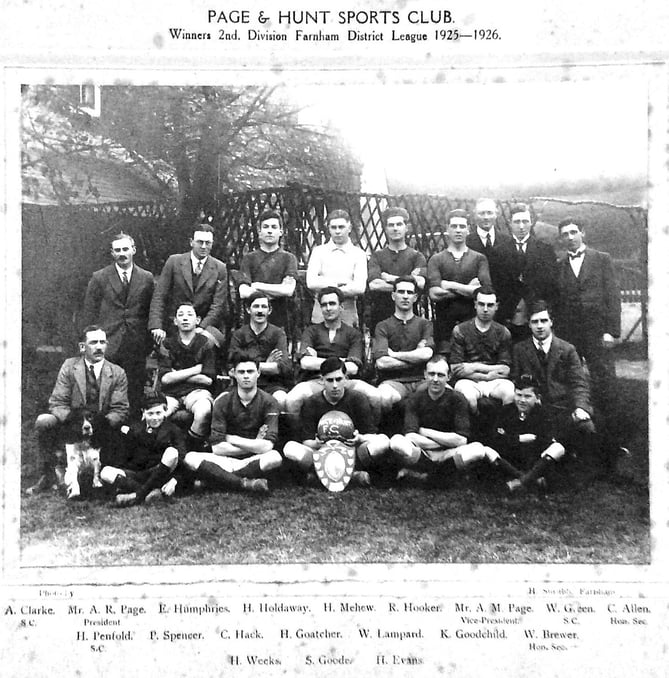 Page & Hunt Sports Club football team, winners of the Second Division Farnham District League 1925-26