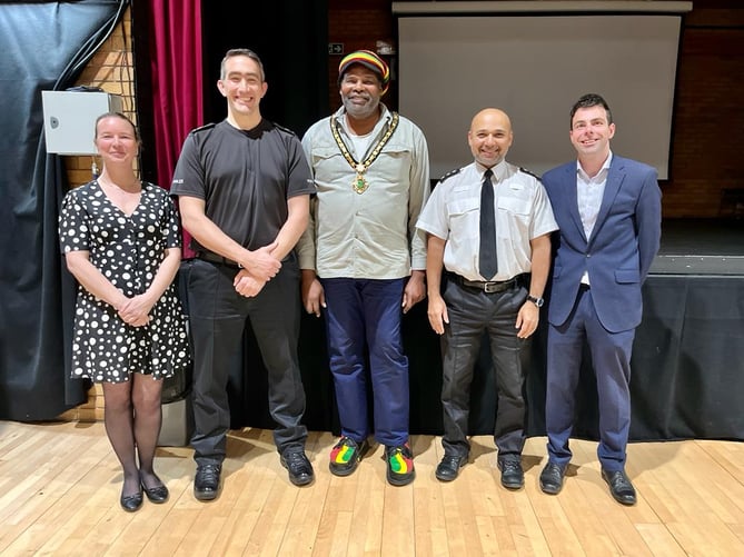 Whitehill & Bordon annual town assembly, March 16th 2023. From left: Cllr Catherine Clark, Sgt Noel Griffiths, Cllr Leeroy Scott, Ch Insp Habib Rahman and Cllr Andy Tree.