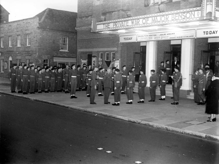 Farnham's Army Cadet Force arriving for a special viewing of the The Private War of Major Benson in 1955