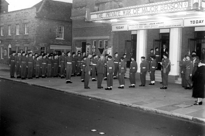 Farnham's  Army Cadet Force arriving for a special viewing of the The Private War of Major Benson in 1955