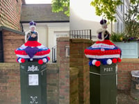 Knitted coronation postbox toppers appear overnight in Haslemere