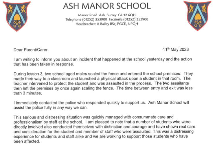 The letter to parents from the headteacher