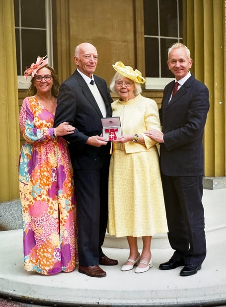 Sylvia Goodall MBE presentation, Buckingham Palace, May 2023. From left: Daughter Nicky Jarman, brother Ken Peacock, Sylvia Goodall MBE and son Andrew Goodall