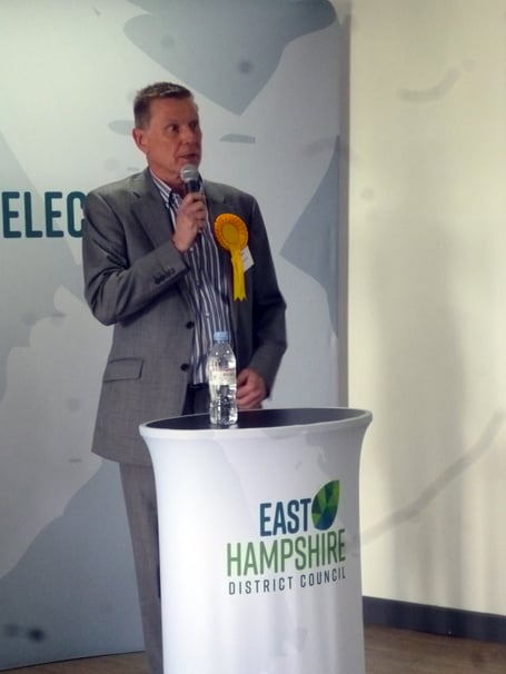Cllr Steve Hunt, East Hampshire election count, Taro Leisure Centre, Petersfield, May 5th 2023.