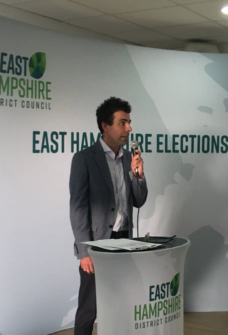 Cllr Andy Tree, East Hampshire election count, Taro Leisure Centre, Petersfield, May 5th 2023.