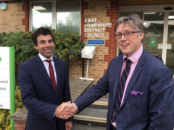 Cllr Andy Tree, left, and Cllr Richard Millard after agreeing coalition terms to run East Hampshire District Council, May 2023.