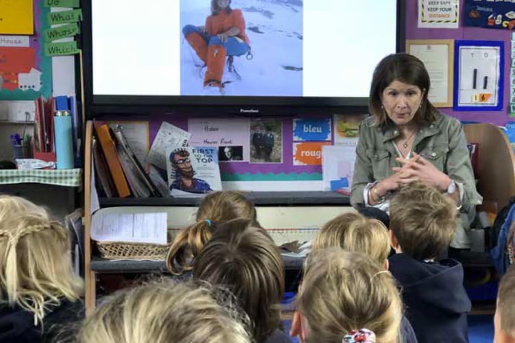 Rebecca Stephens with some of the pupils at Froxfield Primary School, May 2023.