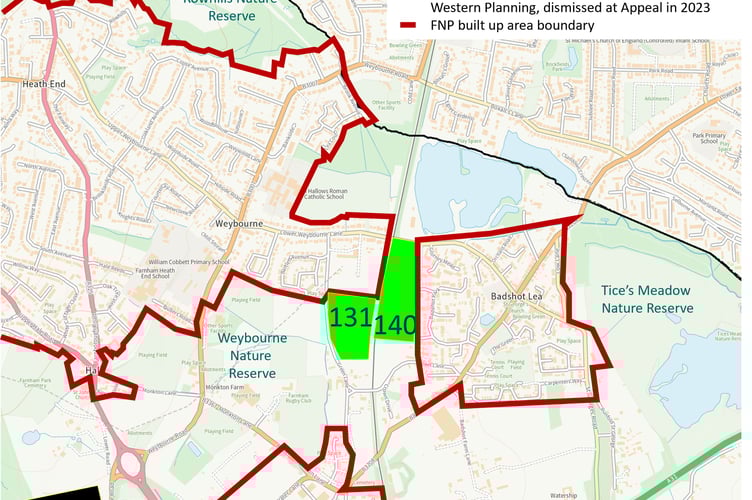 A map showing the recent appeal sites in the Weybourne and Badshot Lea area