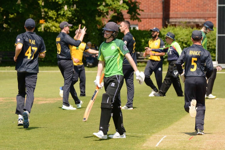 Rowledge batter Zac Le Roux trudges off after being caught at Basingstoke & North Hants