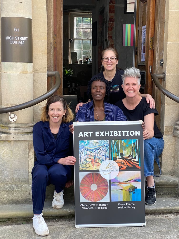 Artists Chloe Scott Moncrieff, Fiona Pearce, Elizabeth Mikellides and Yeside Linney outside Chloe's studio in Odiham High Street.
