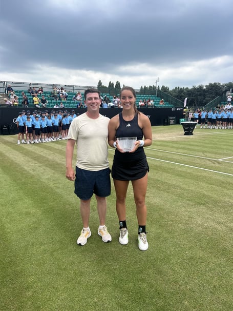 Jodie Burrage with coach Craig Veal after reaching the Nottingham Open final