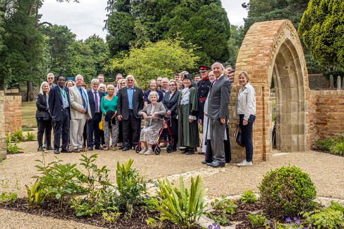 Deputy Lieutenant Bill Biddell and the mayor with guests at the new Hale Chapels Garden