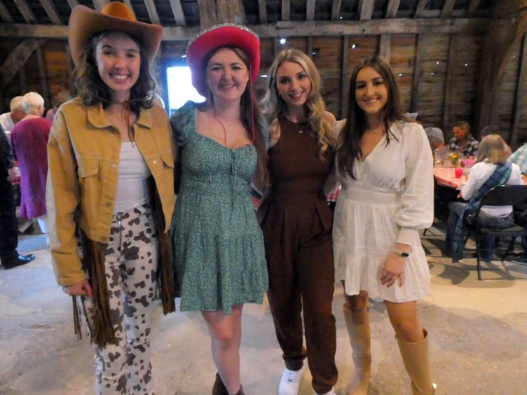 Barn dance, Pinglestone Barn, Old Alresford, July 2023. Harriet, Eryn, Emma and Jemima.