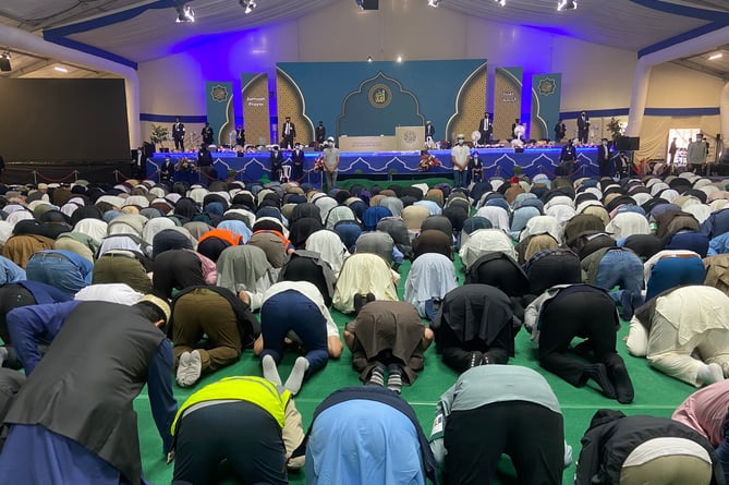 Prayers in the hall at Hadeeqatul Mahdi on day one of Jalsa Salana UK, the 57th annual convention of the Ahmadiyya Muslim Community, Oaklands Farm, East Worldham, July 28th 2023.