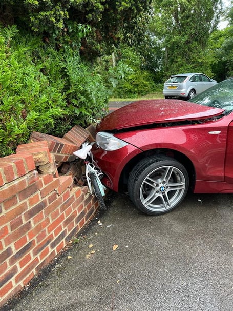 A six year old girl suffered a serious leg injury after a car pinned her bicycle against a brick wall at Bentley crossroads on Sunday