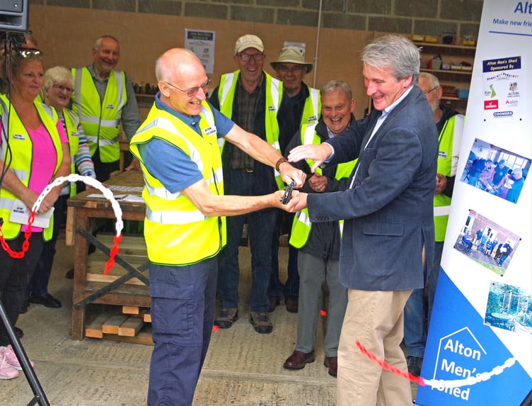 East Hampshire MP Damian Hinds, right, opens the new Alton Men's Shed in Edgar Hall, Anstey Lane, August 5th 2023.