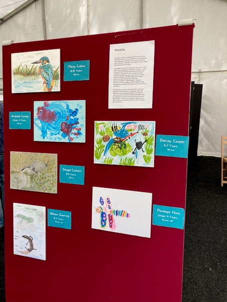 East Hampshire District Council pond life children's art competition winners and runners-up at Alton Eco Fair, July 16th 2023.
