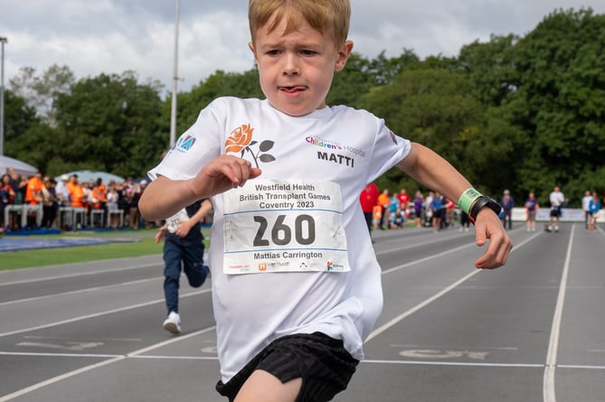Kidney transplant patient Matti Carrington, 8, from Farnham,  won three gold medals and a bronze medal in the annual British Transplant Games in Coventry