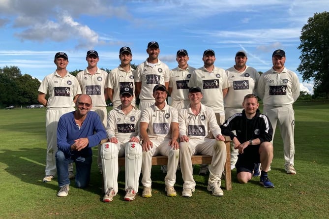 Farnham Cricket Club’s 2023 first XI team photo. Top row (left to right): Tom Flack, Tom Grimes, Brady Poole, Guy Hicks, Adam Elstow, Jake Henderson, Rob Goldsworthy, Russell Golding. Bottom right (left to right): Alan Thorpe (coach), Jamie Strachan, James Berry (captain), Nathan Thorpe, Neil French (scorer)